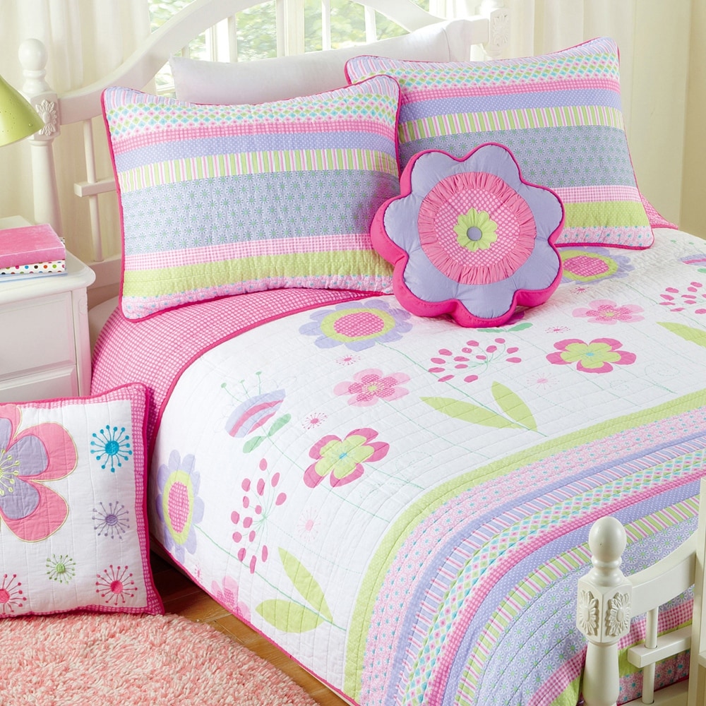 2pc FLORAL BLOSSOM EMBROIDERED REVERSIBLE PINK GREEN GIRLS KIDS TWIN QUILT SET 